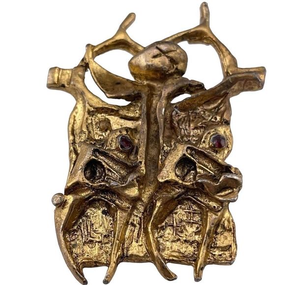 Vintage Modernist Israel Designer Igael Tumarkin Brutalist Gold Wash Tone Brooch - Picture 6 of 10